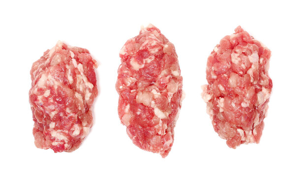 Set fresh raw minced veal isolated on white background, top view