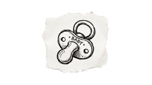 Hand-drawn baby pacifier dummy marker sketch on paper note, newborn care concept