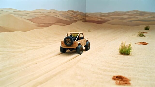 Off road jeep moves along wind shaped dunes, its suspension set for rough sand and loose ground. Pale desert hills stretch ahead as tracks trail behind and small tufts of grass break up expanse.