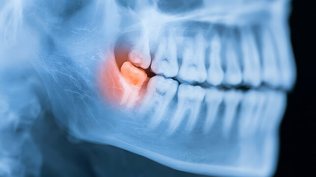 Dental x-ray image showing impacted wisdom tooth with highlighted pain area, clinical jaw scan for oral health and medical treatment