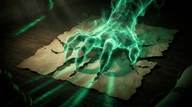 Eerie glowing green phantom hand clawing a torn ancient paper map on a dark wooden table, fantasy spooky horror illustration concept