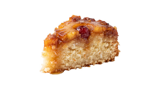 Pineapple upside down cake slice, caramelized fruit sponge cake with cherry, sweet dessert portion on white background