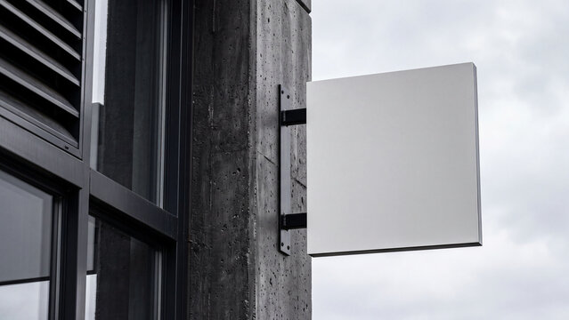 Modern blank square sign mockup mounted on concrete pillar next to building window