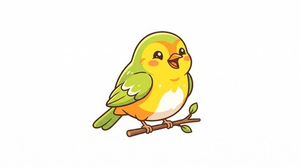 Fototapeta premium Cute cartoon bird sitting on a branch with green leaves