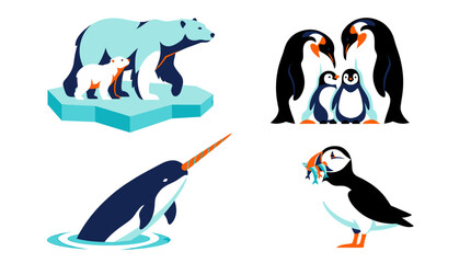 Arctic Polar Bear Penguins Narwhal Puffin Iceberg Wildlife Animals Ice North Cold Bird Ocean Vector Illustration © Lonetiger