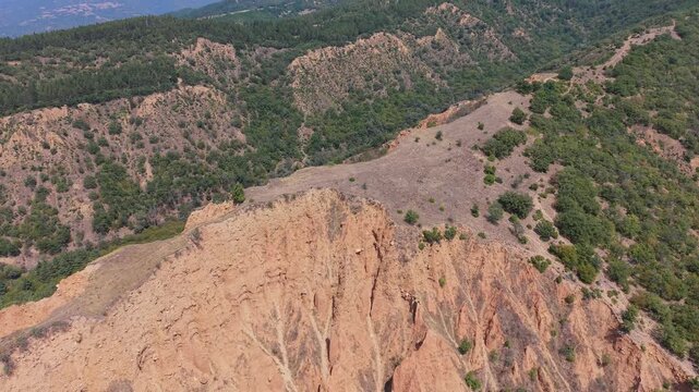 Aerial view of erosion landforms at the Stob Pyramids, Bulgaria