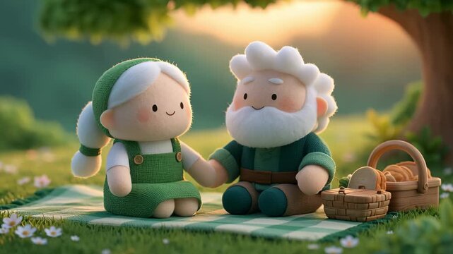 Adorable elderly plush couple holding hands while enjoying a romantic picnic on a checkered blanket in a lush green park, with a basket of bread and warm sunlight filtering through the trees
