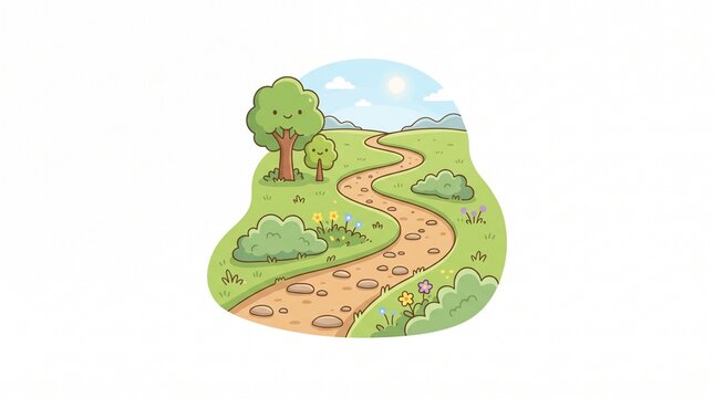 Cute cartoon winding path through a green landscape with smiling trees