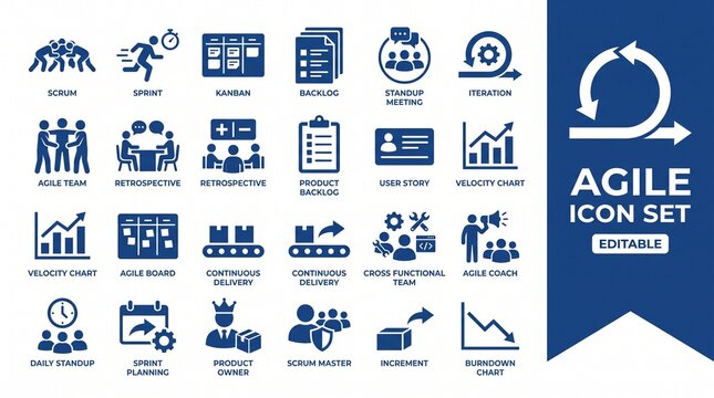Agile Icon Set with Scrum Framework, Sprint Planning, and Iterative Development Symbols