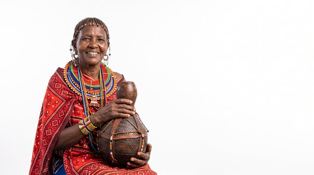 Portrait of an elderly Maasai woman in traditional red clothing and colorful beaded jewelry holding a decorative calabash