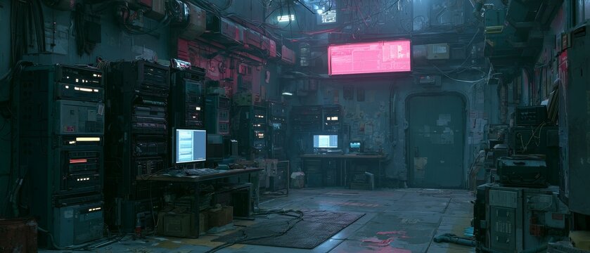 Futuristic server room with messy wires and glowing red screens in a gritty industrial lab.