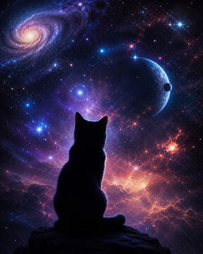 a sharp silhouette of a cat against a cosmic sky