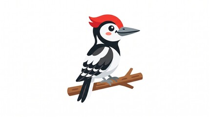 Fototapeta premium Cute cartoon woodpecker with red crest sitting on a branch