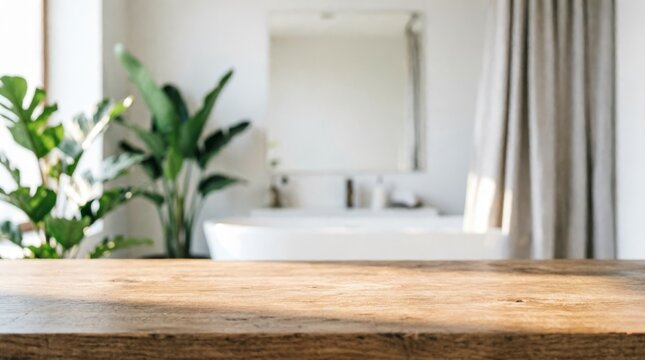 Wooden Table Top in Modern Bathroom with Plants and Natural Light for Interior Design