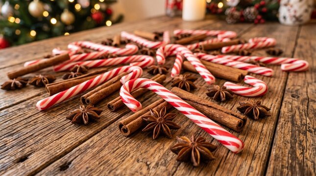 candy cane, christmas, cinnamon, star anise, holiday, close up, rustic, wooden surface, festive, seasonal, sweet treat, winter spice, holiday candy, christmas treat, warm lighting, holiday flavor, pep