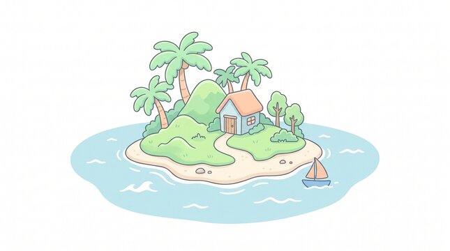 Cute cartoon island with a house and palm trees in the ocean