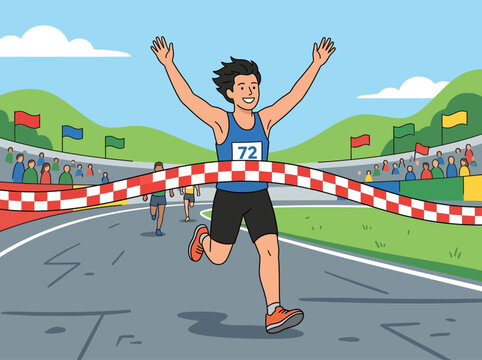 Runner Crosses Finish Line Victorious In A Track And Field Race