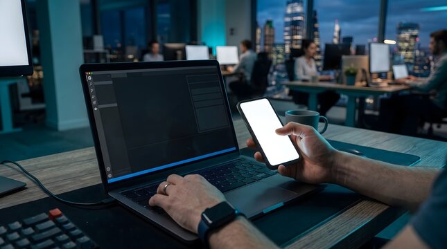 Software Developer Working on Laptop and Smartphone in Night Office