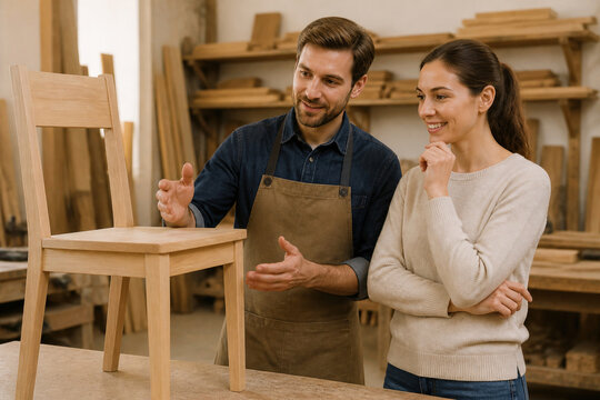 Woodworker discussing custom handmade wooden chair with female client, showcasing craftsmanship in a carpentry workshop
