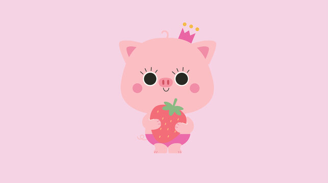 Cute Pig Princess Holding Strawberry &ndash; Kawaii Animal Character Illustration