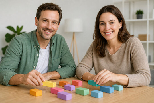 Happy couple engaging in cooperative planning activity with colorful building blocks at home