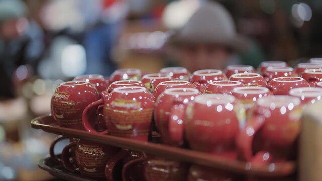Traditional hot sweet mulled wine mugs displayed at a bustling Christmas market in Germany