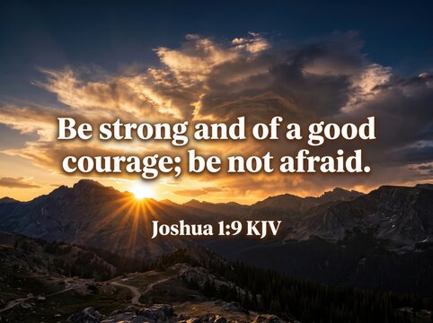 Inspirational bible verse joshua 1 9 text overlay on a beautiful scenic mountain sunrise landscape background