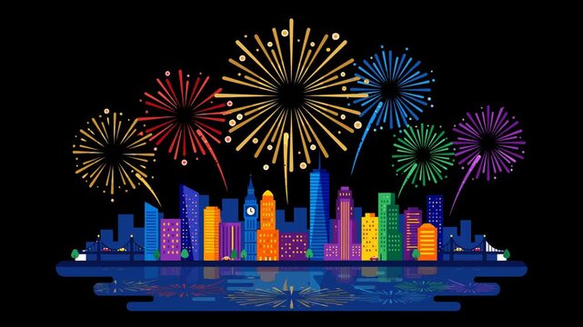 Vibrant city skyline illuminated by colorful pyrotechnic bursts against a dark night sky in this high quality motion animation loop featuring stylized urban architecture graphic design