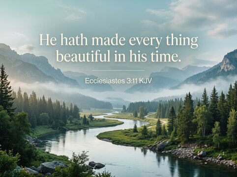 Scenic mountain landscape with a winding river and the inspirational bible verse ecclesiastes 3 11