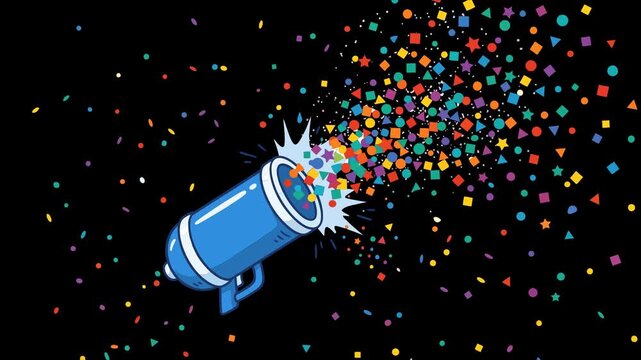 Blue party popper cannon animation spraying vibrant colorful geometric confetti shapes across a deep black background for a festive celebration motion video clip digital graphic design