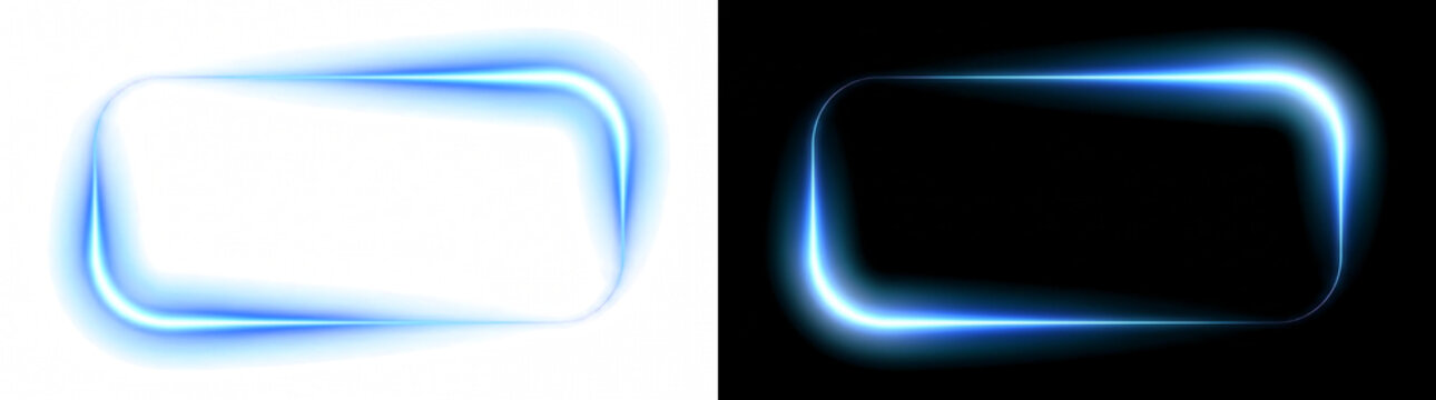 Glowing neon rounded rectangle frame with blue light border effect overlay isolated on transparent background