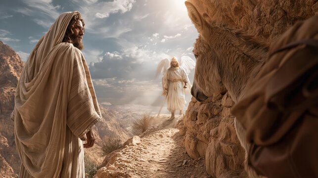 Balaam's donkey stopping before the angel of the Lord on a narrow mountain path.
