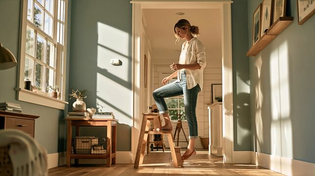 Woman Stepping Down from Stool After Testing Hallway Smoke Alarm