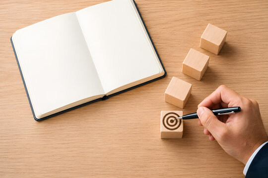 Business goal setting with target icon on wooden block, hand pointing pen at objective, blank notebook for planning