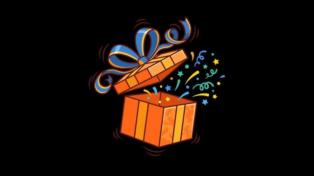Gift box opening animation showing festive colorful confetti exploding from inside the vibrant orange container with a bright blue bow for holidays celebration video motion graphic
