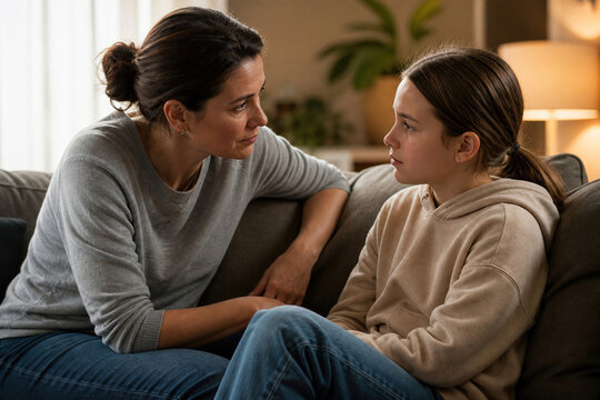 Mother talking seriously with her child on a sofa, providing comfort and guidance in a moment of emotional struggle