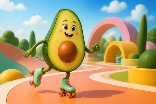 Cheerful avocado character roller skating on a vibrant path, embodying healthy fun and active lifestyle