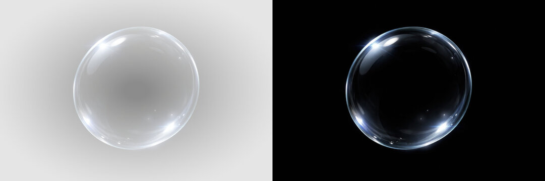 Pair of glossy blue glass orbs with sparkling rim highlights on transparent background