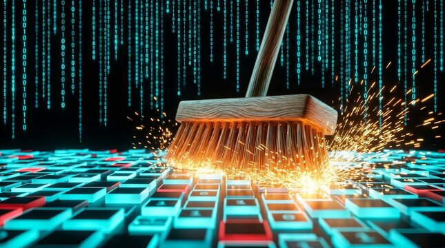 Concept of data cleaning and digital hygiene with a broom sweeping through glowing code.