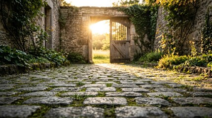 Obraz premium Ancient stone walls line a narrow cobblestone path leading toward a sunlit open gate.
