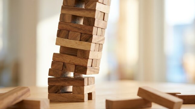 Wooden Jenga style tumble tower blocks stacked precariously.