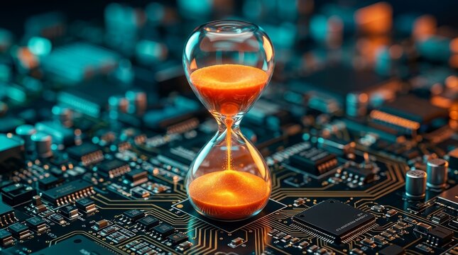 Time pressure and deadline concept featuring an hourglass on a high tech microchip background.