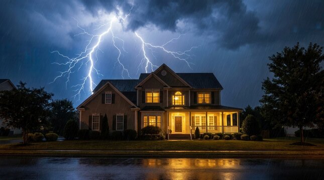 Suburban home at night during a heavy rainstorm with powerful lightning strikes and a dramatic sky.