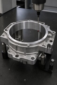 Ruby ball tactile CMM probe measures the inner wall of a large precision machined housing bore on a rigid fixture. Dimensional inspection machining tolerance and manufacturing quality control concept