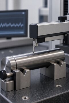 Contact surface profilometer uses a fine diamond stylus to trace a machined steel shaft supported on precision V-blocks. Surface roughness measurement finish inspection and machining quality concept