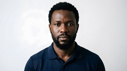 Fototapeta premium Portrait of a serious Black man with a beard against a white background.