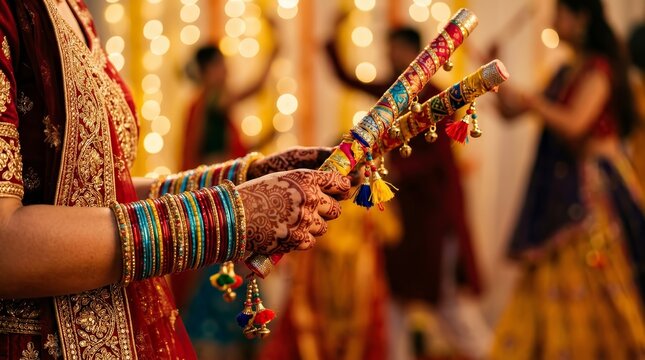 Colorful dandiya sticks held by festive women wearing traditional Indian clothing and bangles.