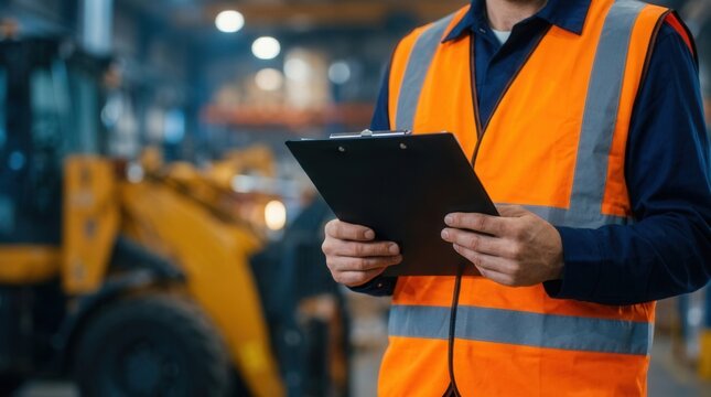 Professional inspection in an industrial facility featuring a man in a safety vest checking a clipboard.