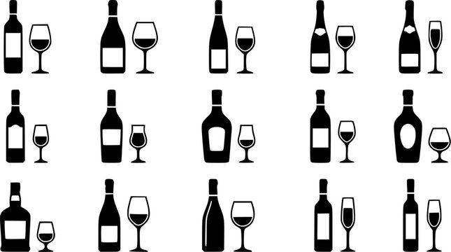 Wine Glass & Wine Bottle Silhouette Icon Set. Collection of food & culinary silhouettes, including wine glass & wine bottle, detailed coffee and beverage shapes, and more.