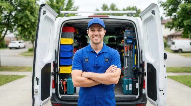 Next to his fully stocked service van, a smiling man in a blue uniform stands with crossed arms, ready for any repair job.